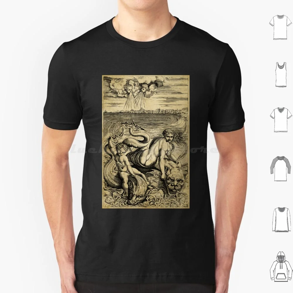 Vintage Print Of Venus And Cupid Riding Two Sea Monsters. T Shirt Big Size 100% Cotton Sea Monster Kracken Giant Squid Octopus