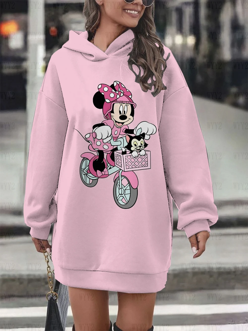 

2025 New Disney Mickey Minnie Print Autumn and Winter Comfortable Fashion Hooded Dress Women's Casual Loose Hooded Sweatshirt