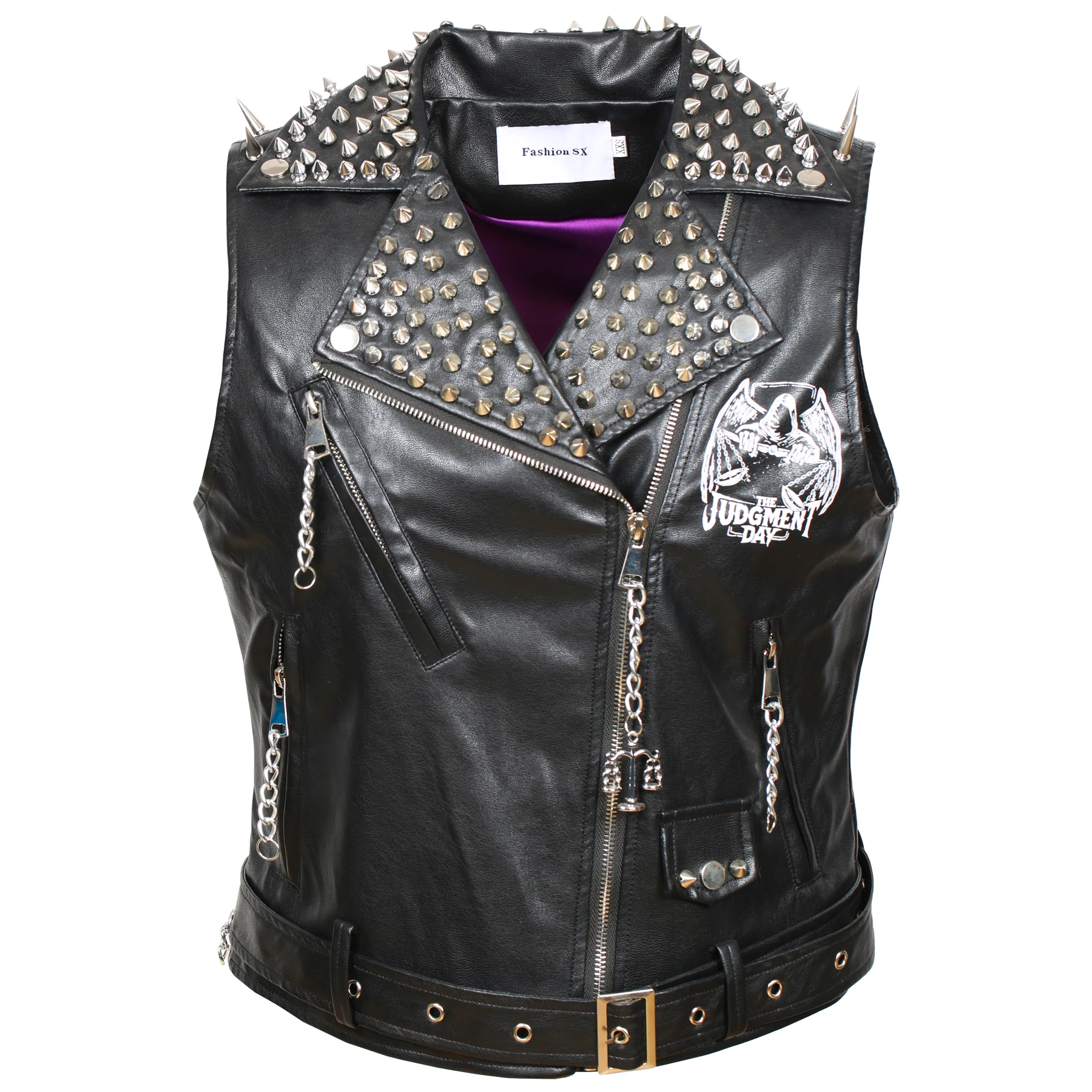 Fashion SX Men\'s synthetic leather black vest, rivet rock motorcycle club printed vest