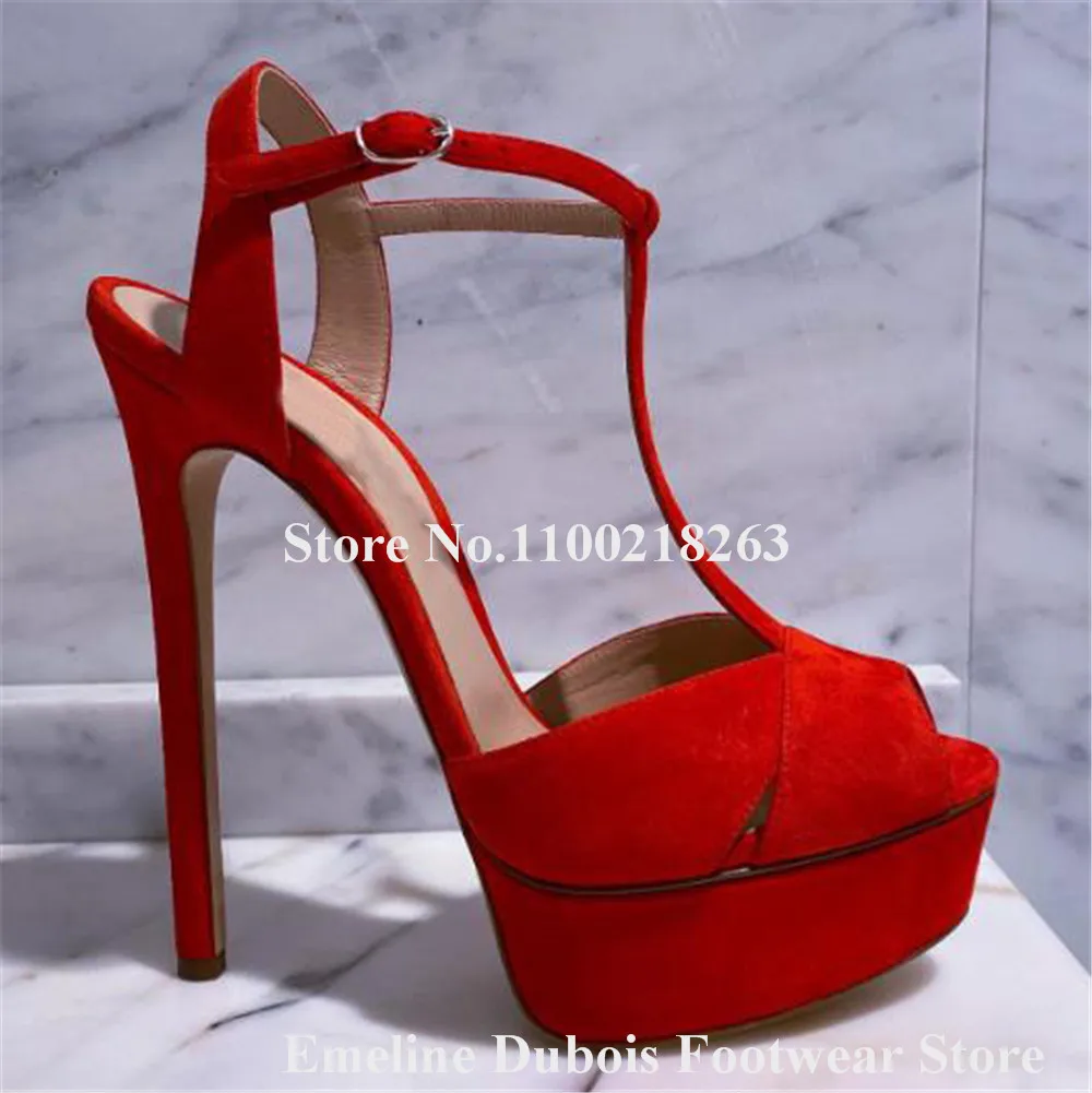 Newest Blue Denim Sandals Emeline Dubois Peep Toe Straps Cross High Platform Stiletto Heel Red Blue Dress Heels Party Pumps