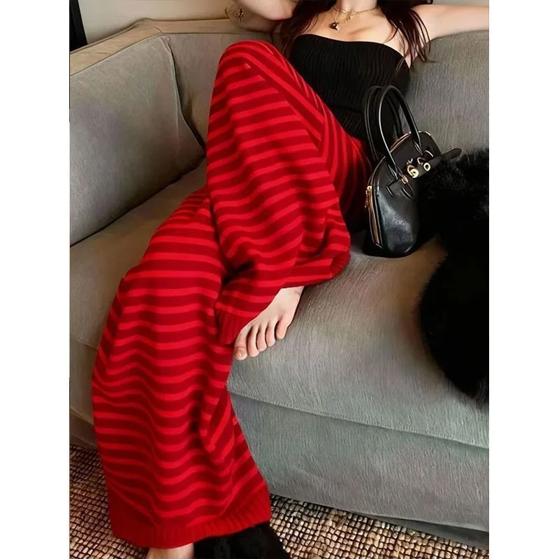 Tall Red Striped Knitted Wide-leg Pants for Women Autumn and Winter Thickened Warm Design Feels Super Good-looking Mopping Pants