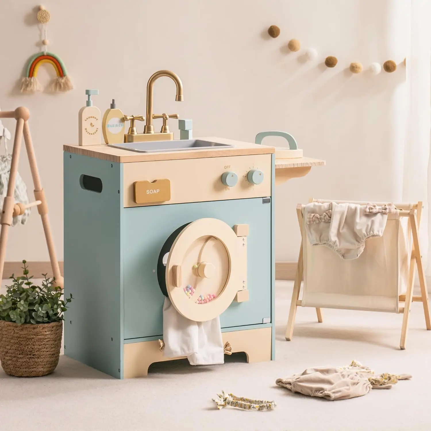 

Toy Kitchen Washer Playset, Wooden Toy Washing Machine for Kids with Clothes Basket, Iron and Sink, Pretend Toddlers Kitchen Toy