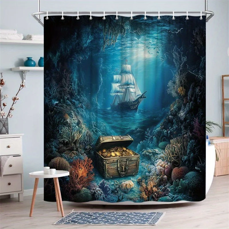 Mysterious Underwater Pirate Ship Treasure Cove Shower Curtain Ocean Deep Sea Adventure Bathroom Decor