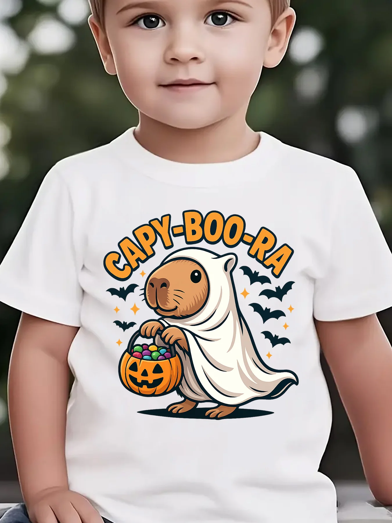 Kids Boys Girls Family Matching T Shirt Halloween Ghost Capybara Pumpkin Candy Print Short Sleeve Tee Casual Parent Child Tops