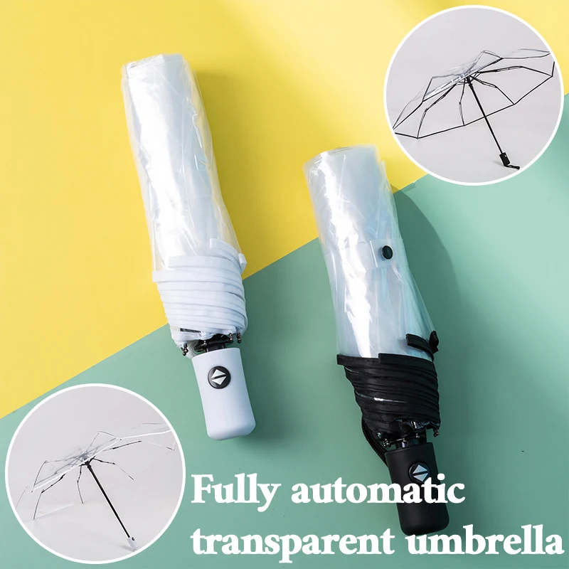 

Automatic Transparent Folding Umbrella Portable Fashion Durable Outdoor Trifold Umbrella Small Fresh Thicken Plastic Umbrella