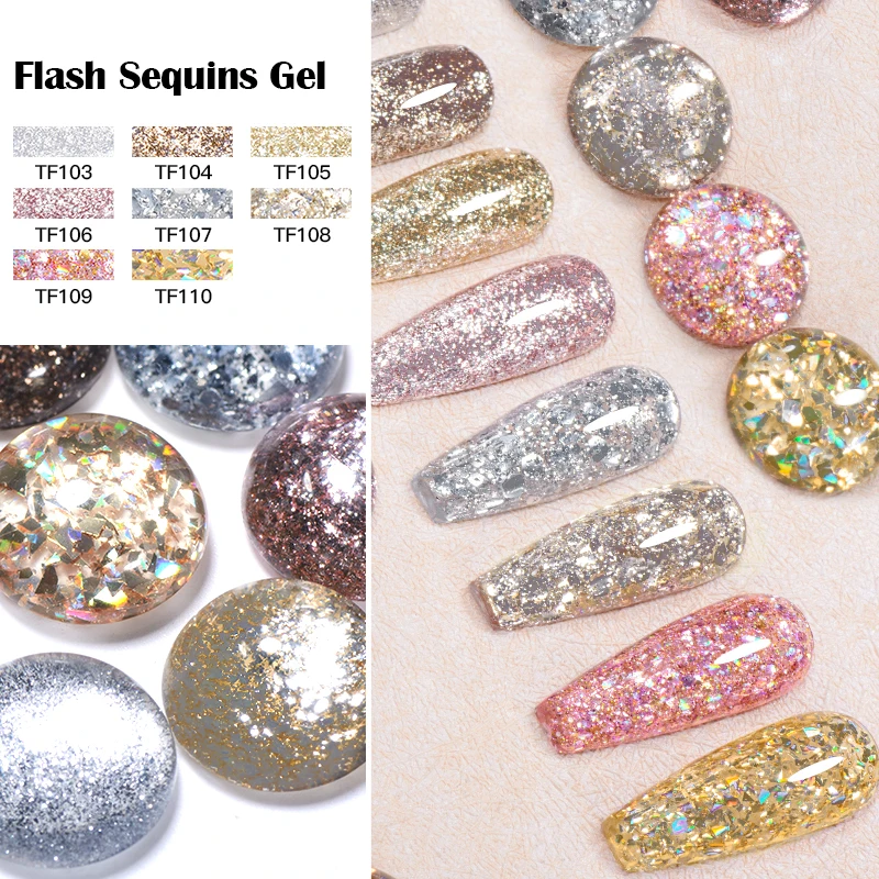 Incontra attraverso 8ml Glitter paillettes Gel smalto per unghie lucido argento scintillante platino rosa Semi permanente Nail Art Gel Manicure