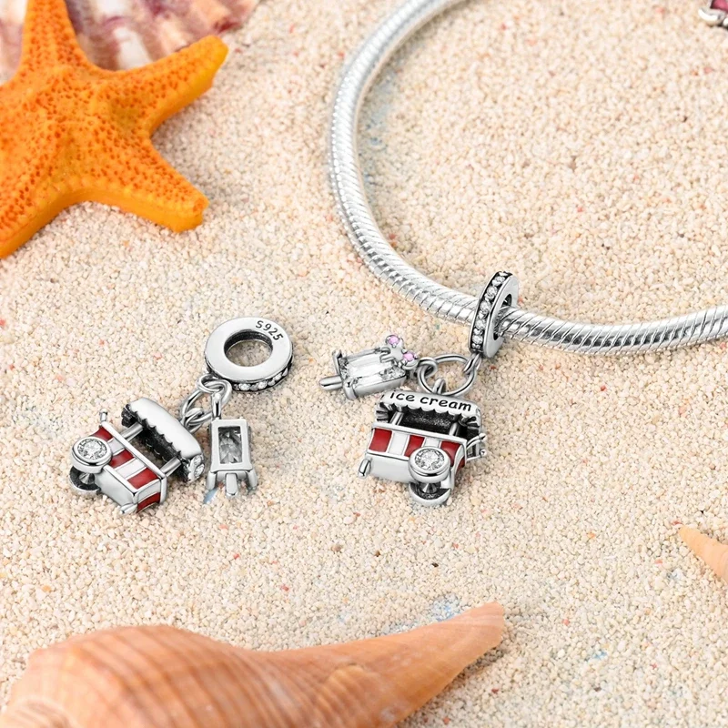 

Подвески из серебра 925, летние красные бусины с подвеской в виде грузовика-мороженого, подходят для подвесок Plata 925, оригинальные бусины для браслета, женские ювелирные изделия