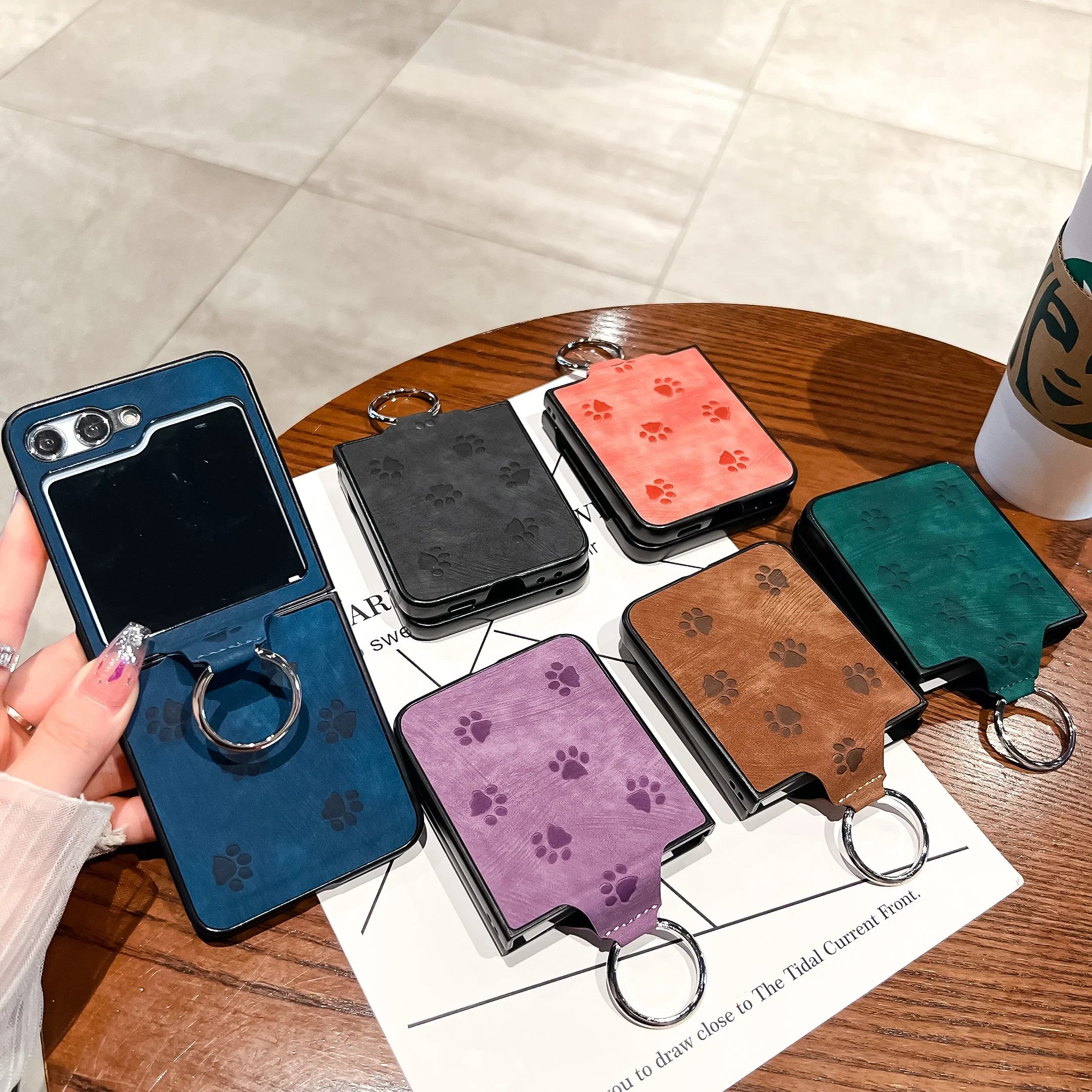 Leather Cat Paw Print Case for Samsung Galaxy Z Flip 3 4 5 6 5G Flip5 Flip4 Flip6 Ring Holder Fashion Portable Cute Cover Korea