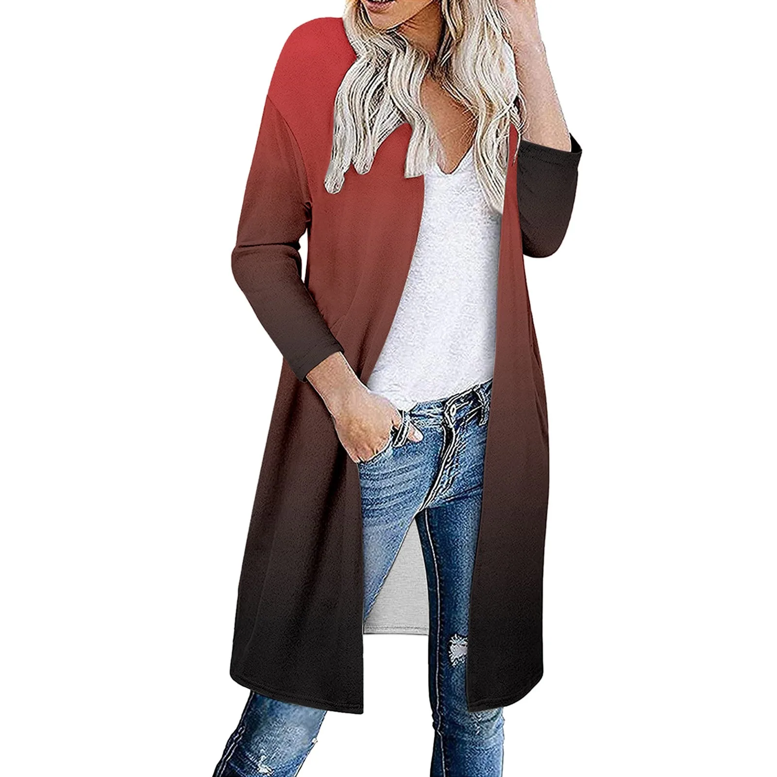 

Ladies Cardigan Autumn and Winter Ladies Fashion Casual Long Sleeve Long Gradient Cardigan Pocket Cardigan Slim Slim Tops