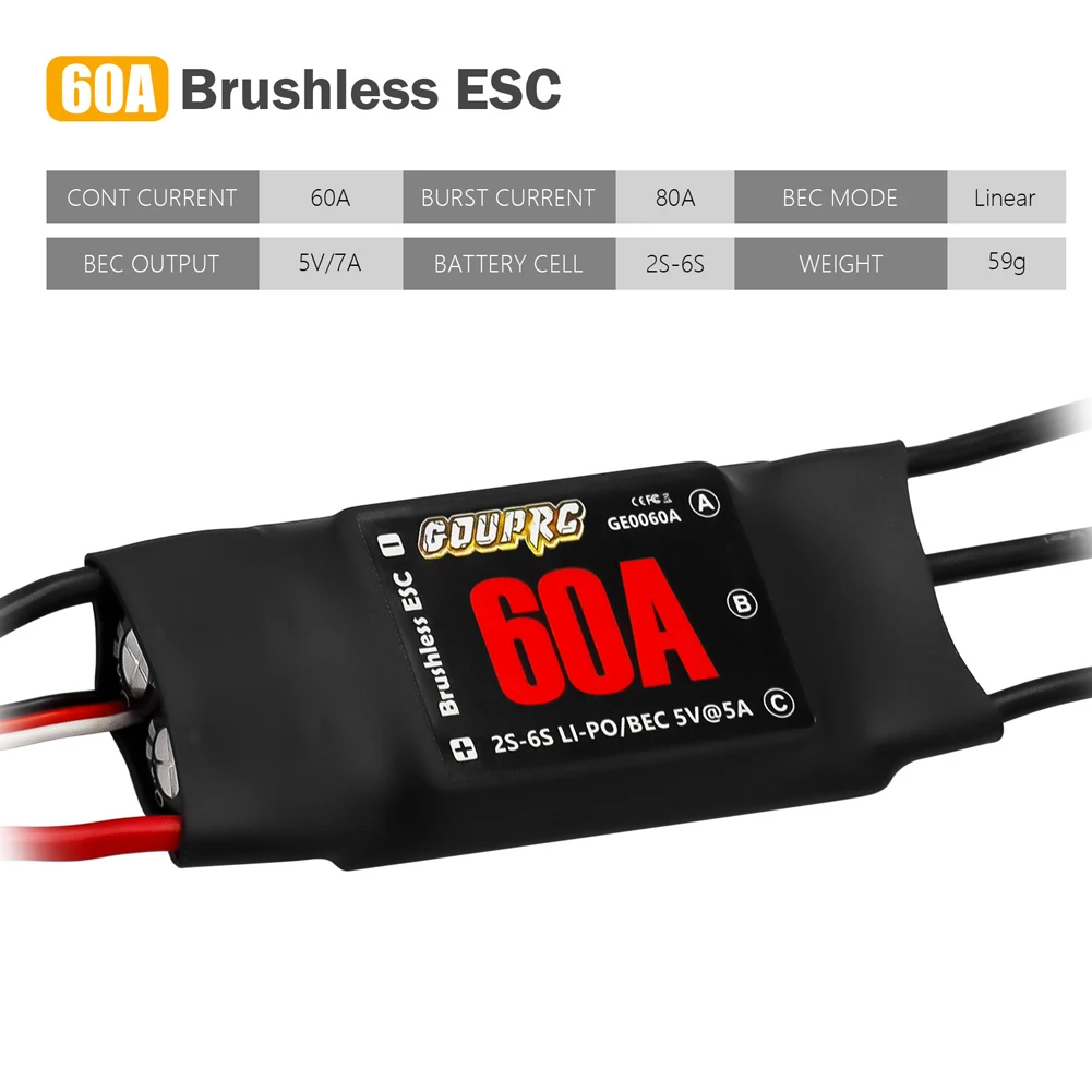 60A Brushless ESC 2-6S Electronic Speed Controller with 5V/7A BEC & XT60 Plugs for Drone RC Helicopter Airplane