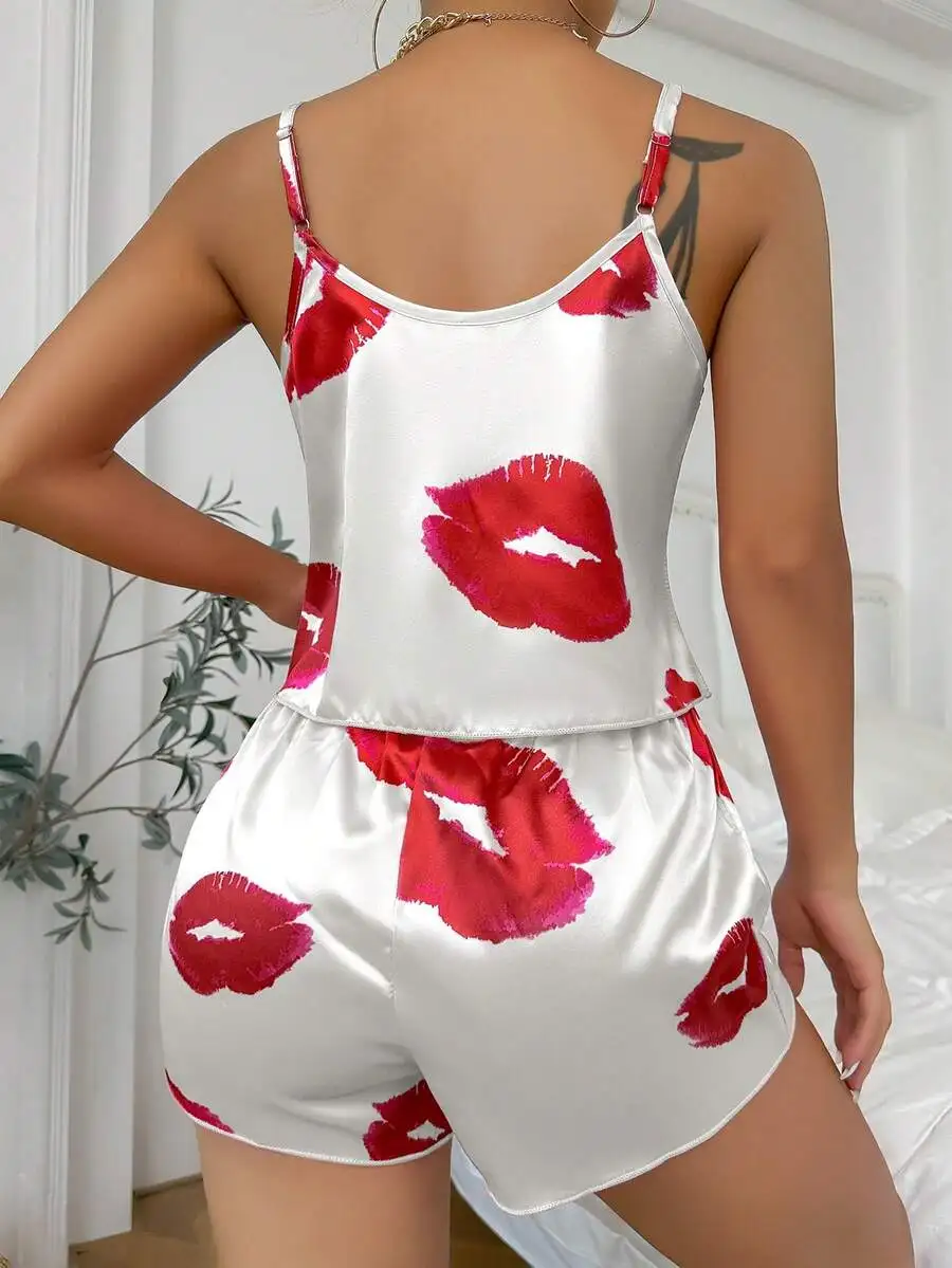 

White Lip Print Satin Camisole And Shorts Pajama Set For Women