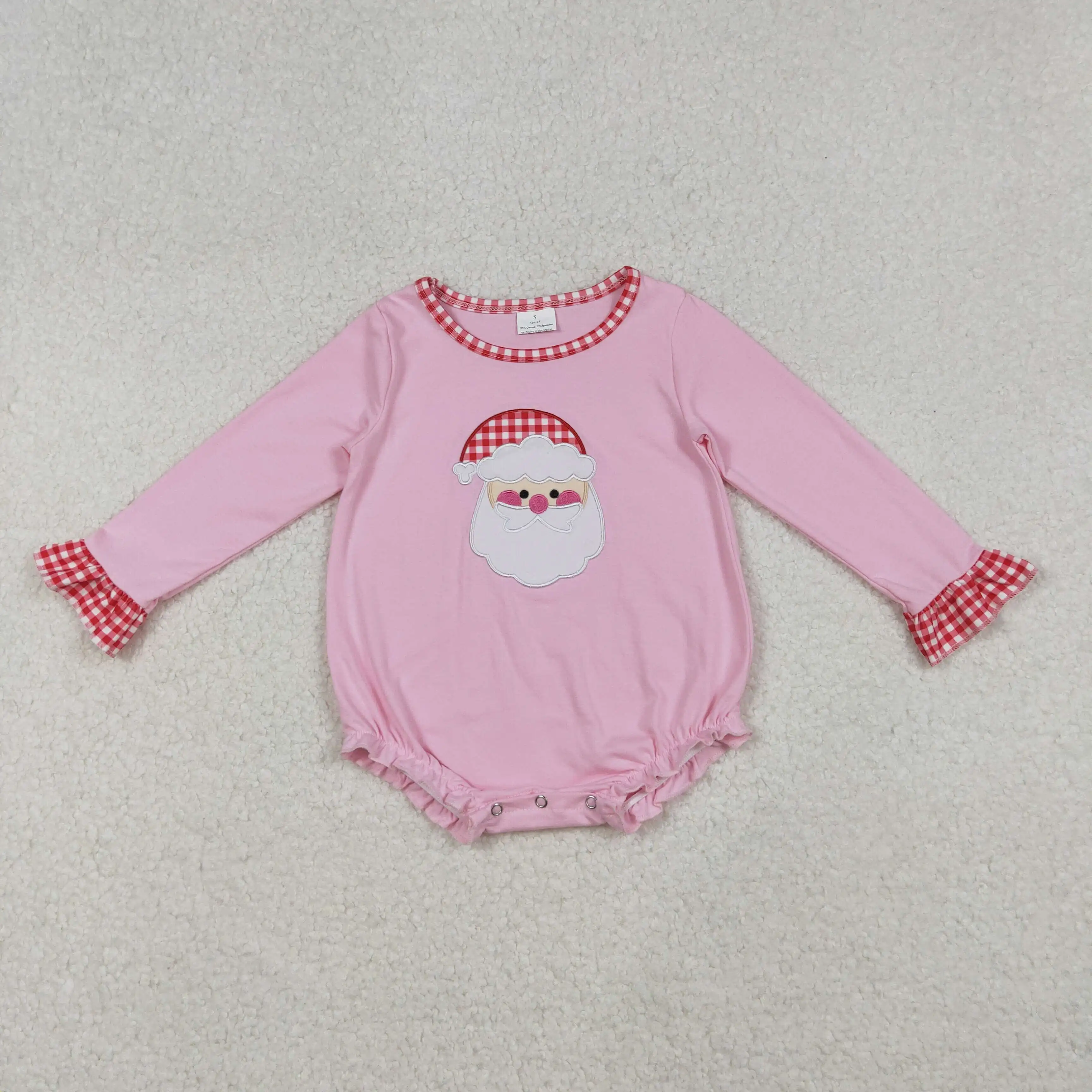 

X10.1 Hot selling baby girls romper wholesale embroidered Santa Claus red plaid lace pink long sleeve onesie
