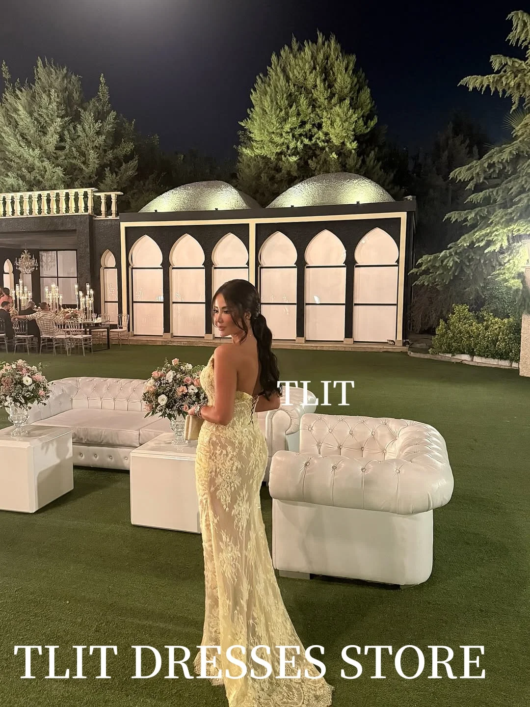 TLIT-vestidos de noche elegantes de sirena de encaje amarillo, personalizados, Sweetheart, lado alto, sin mangas, plisados, vestidos de graduación