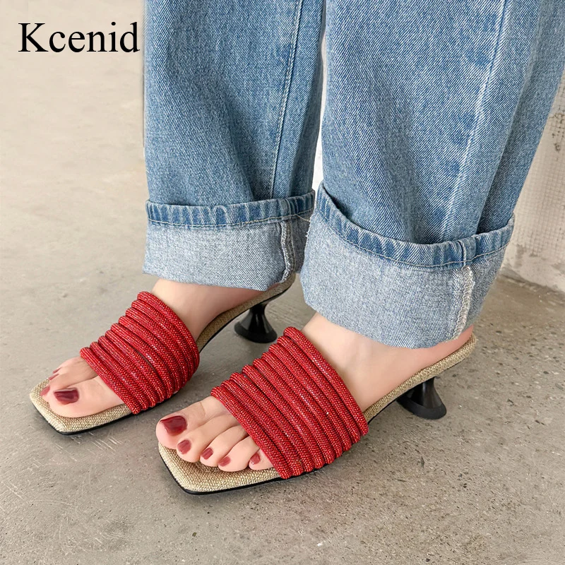 

Kcenid High Quality Mules Square Toe Heels Women Slipper Fashion Mixed Color Slip On Slides Summer Party Stripper Sandal Shoes