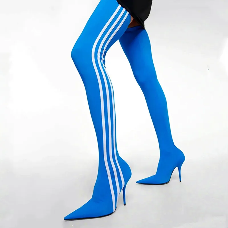 MKKHOU Fashion Over Knee Boots New High Quality Oointy Striped Matching Color High Heel Elastic Boots Modern Pants Shoes