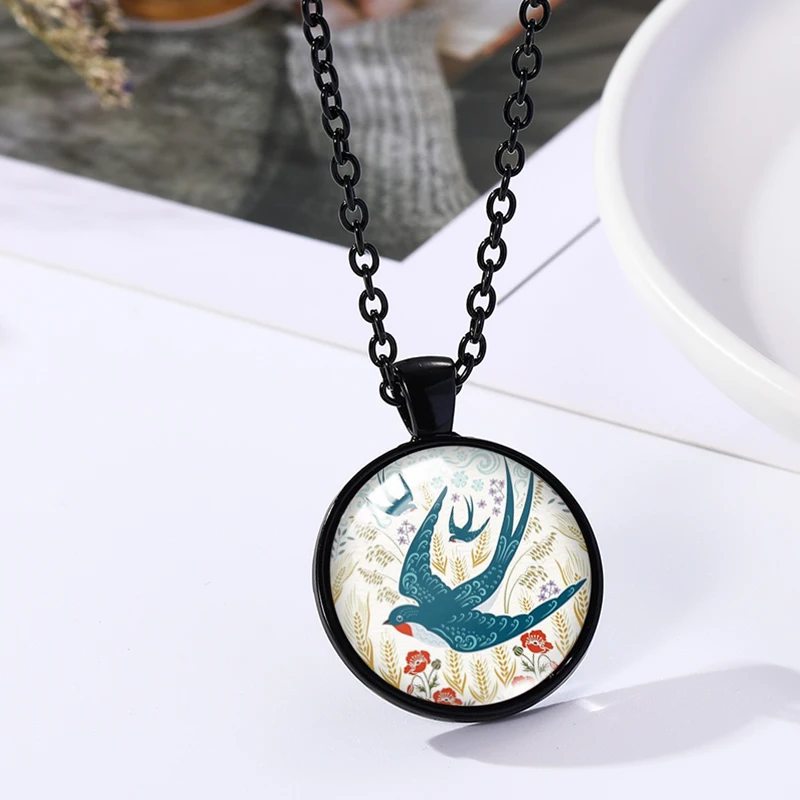 Vintage Swallows in wheat field Picture Glass Dome Round Black Pendant Handcraft Jewelry Necklace