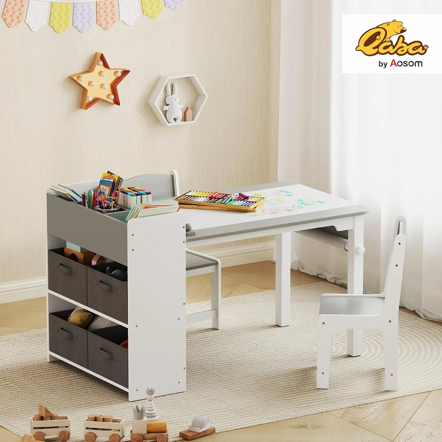 Kids Art Table & Easel Chair Set with Paper Roll, Toddler Desk and Chairs Set with Storage Shelves and Drawers, Activity Craft and Play Table for Writing Drawing Aged 3-8 Years Old, Gray