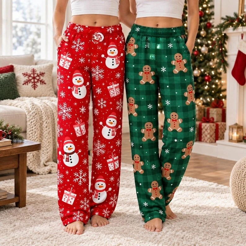 Men Womens Christmas Wide Leg Pants Snowman Gingerbread Plaid Print Trousers Holiday Casual Sleep Bottoms with Pockets