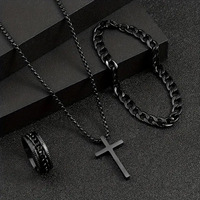 3pcs Set Men's Fashion Alloy Jewelry Cross Pendant Chain Necklace Bracelet Ring Jewelry Set Male Hip Hop Daily Wear Accessories