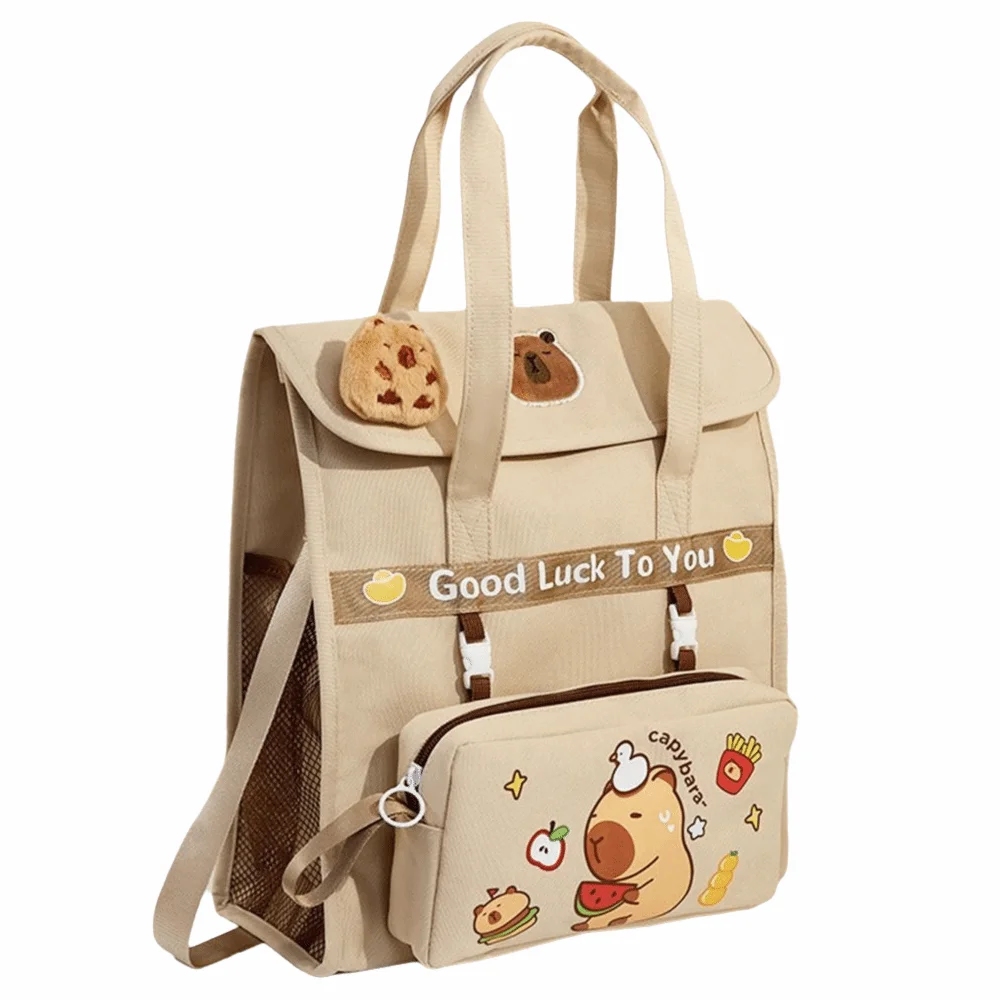 Kawaii Capybara Tutorial Bag Large Capacity Canvas Tote School Bag Cartoon Detachable Pen Bag Backpack Primary School
