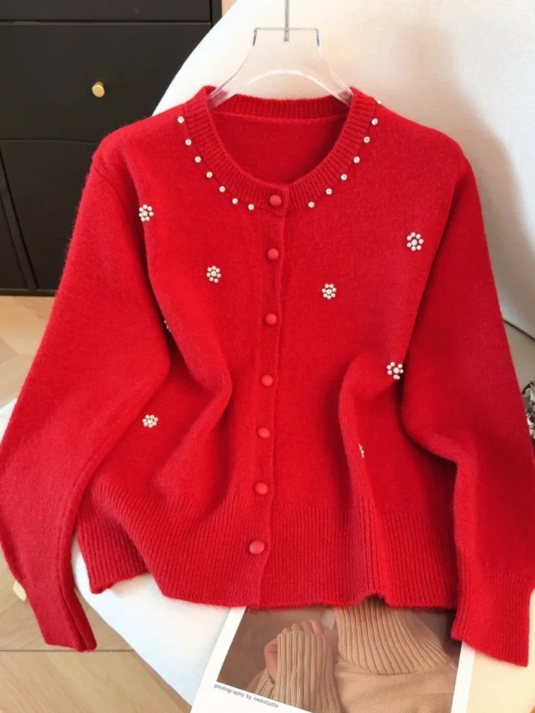 

Spring 2026 Korean Style Women's Knitted Long Sleeve round Neck Cardigan Pearl Embellished Color Coat Warmth Bearing