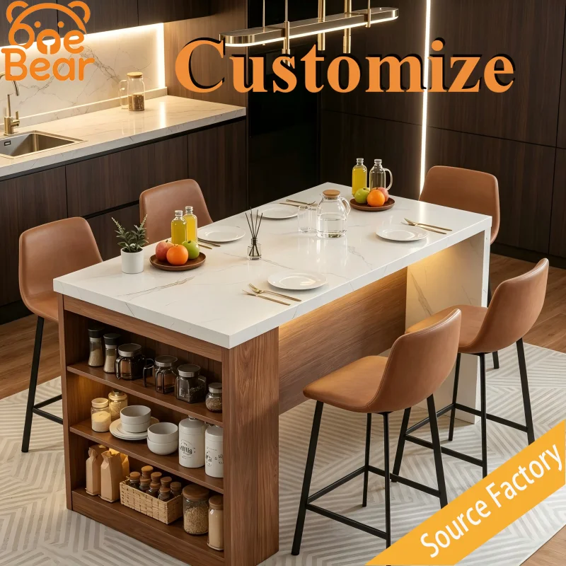Modern Home Sintered Stone Kitchen Island Table with Open Storage, LED Lights, Multifunctional Dining Island for 4 Diners