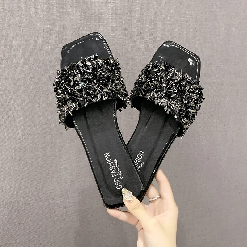 

Women's Slippers Plus Size Bling Rhinestone Women Slippers Flat Slippers Woman Fashion Sandals Open Toed Beach Shoes Women