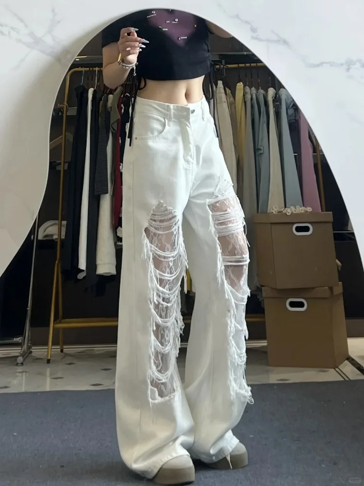 Vintage Harajuku Lace Distressed Jeans Women Wide-leg Jeans Hole High Waist Straight Pants Slim Joker Pants All-match Trendy New