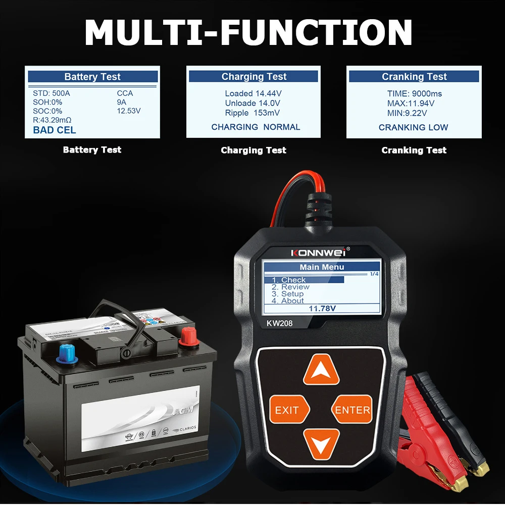 Car Battery Tester for 12v vechicles KONNWEI KW208 100 to 2000CCA Cranking Charging Circut Tester Battery Analyzer