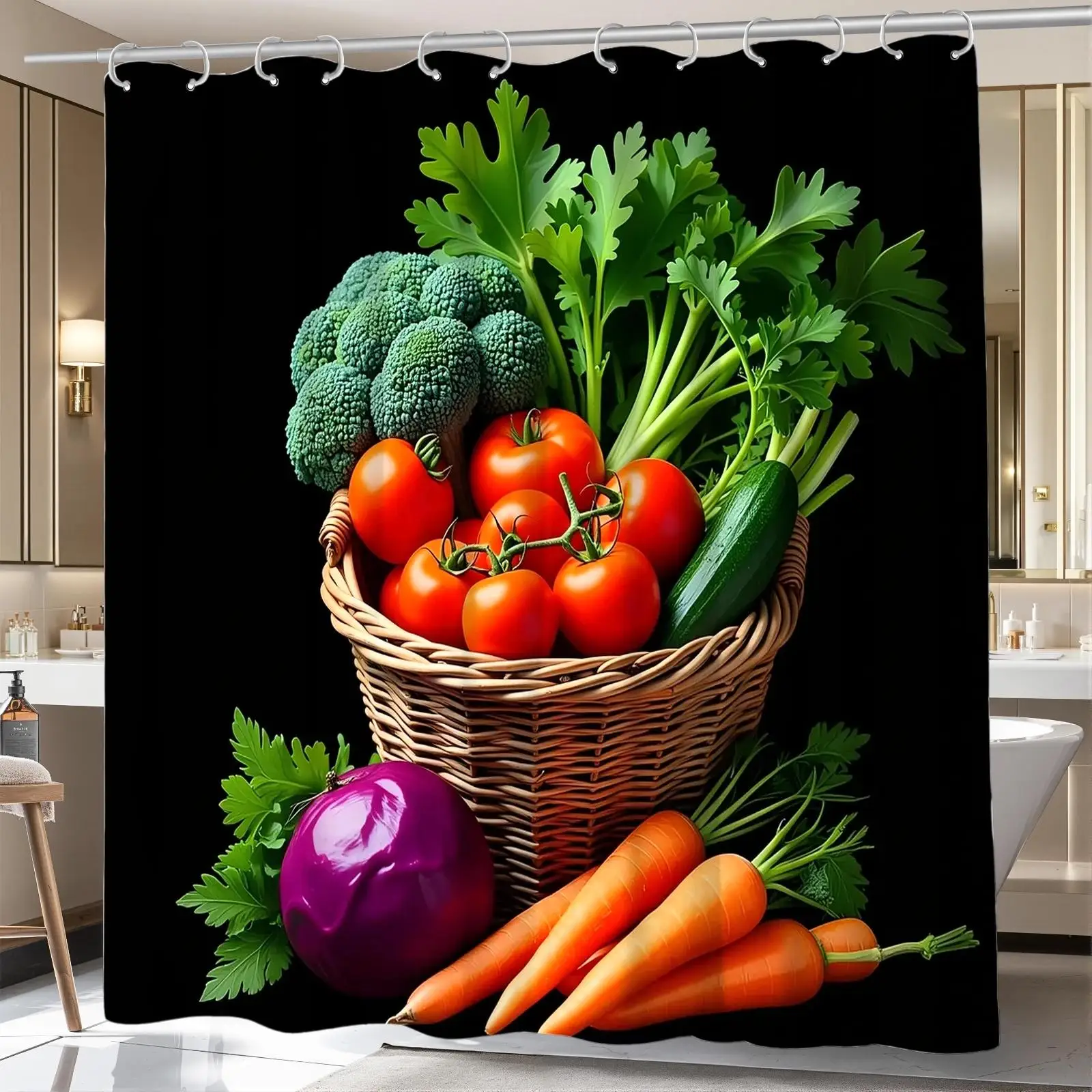 Vibrant Fresh Produce Basket Shower Curtain Kitchen Bathroom Decor Realistic Vegetables Fruits Wall Art