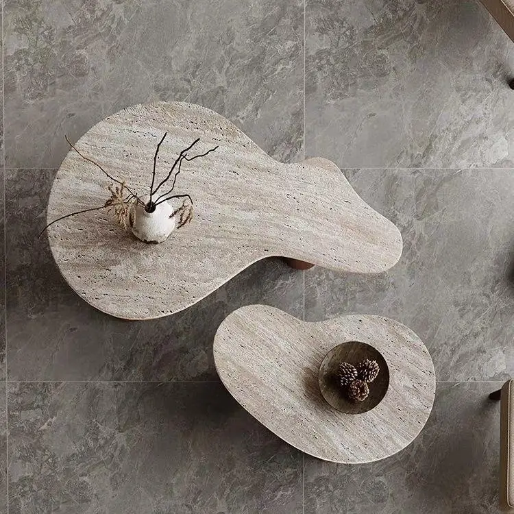 Solid wood travertine combination small tea table small apartment household marble coffee table special shape