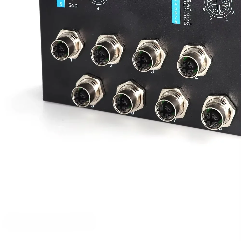 Nieuwe Onbeheerde M12 X-code 8-pins vrouwelijke connector Industriële Ethernet-schakelaars DC12-52V PoE-voeding M12 X-code 8-pins
