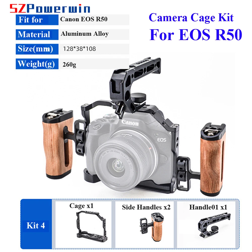 Powerwin For Canon EOS R50 Camera Cage with wooden Handle Kit Aluminum Alloy Multifunctional Arri Locating Screw