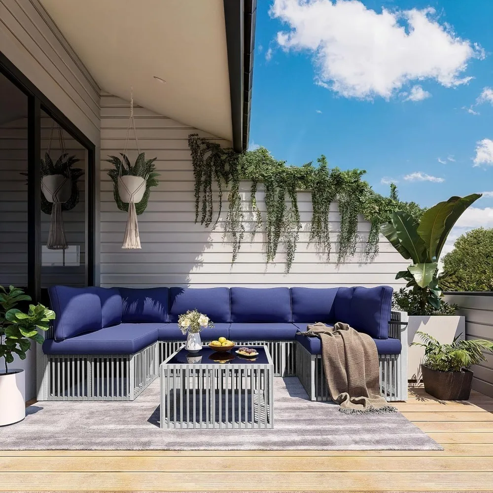 7-Piece Outdoor Wicker Sectional Patio Furniture Set with Coffee Table & Washable Cushion Covers, All-Weather Sofa , Custom