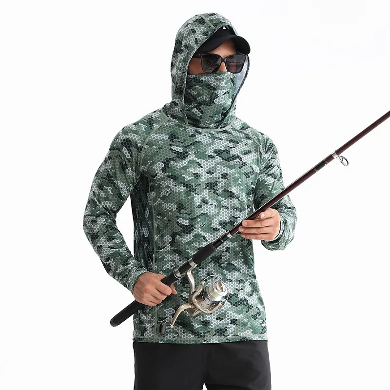 Men Camo Fishing Shirt With Built-in Face Cover UPF 50 UV Protection Quick Dry Breathable Long Sleeve Hooded Tops Outdoor