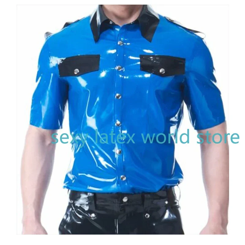 

100% Handmade Latex Men's Top T-Shirt Male Gummi Rubber Blue with Black Trims Basic Fashion Custom