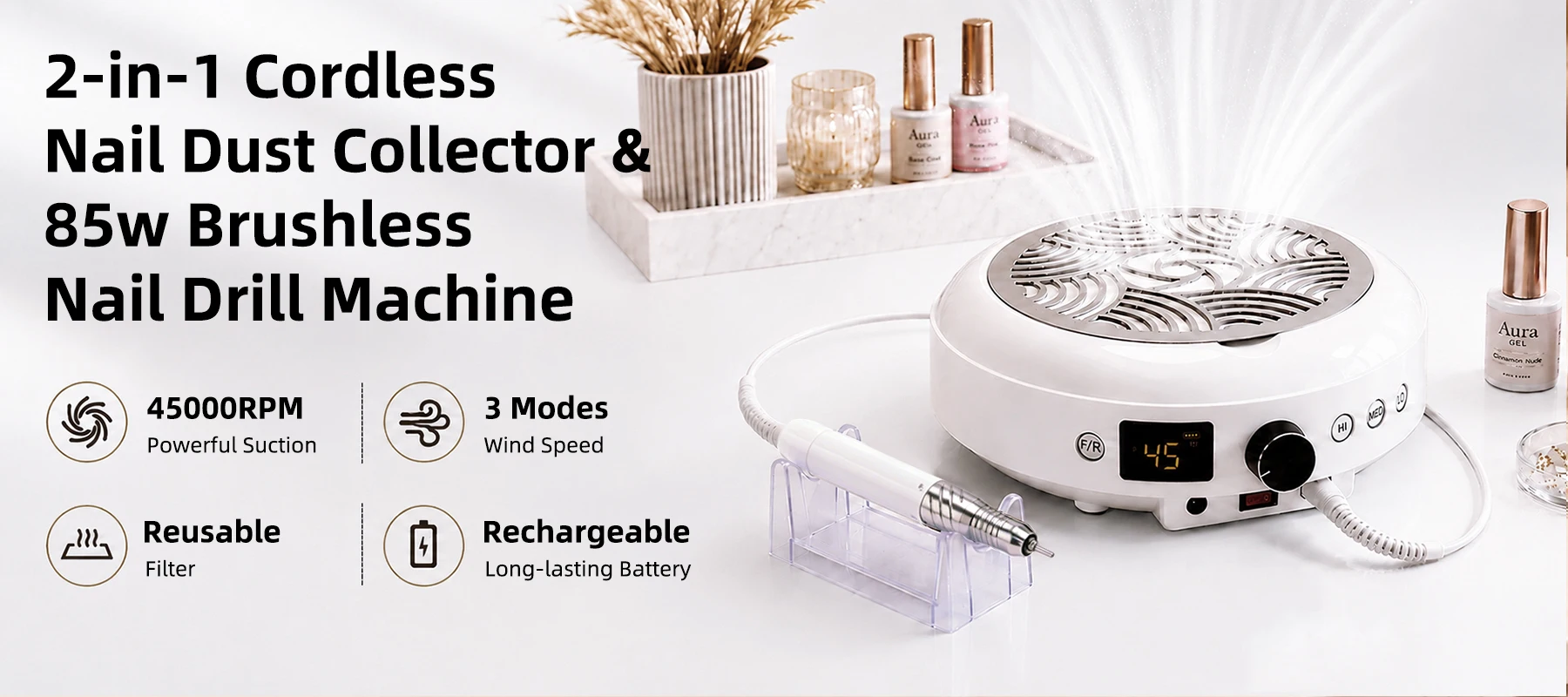 2-In-1 Wireless Small Nail Dust Filter and 45k RPM Nail Drill, Rechargeable Electric Nail File