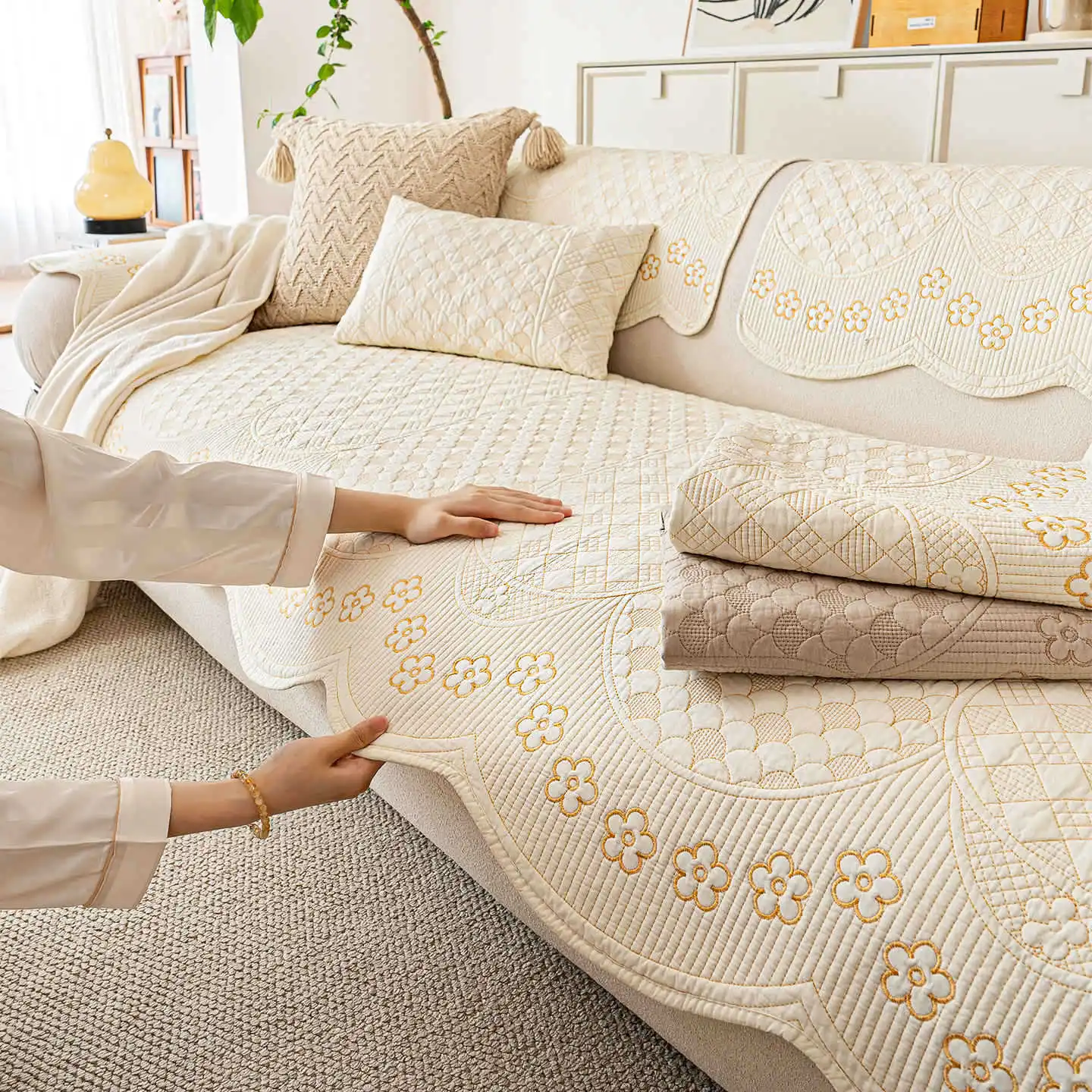 Washable Cotton Irregular-Shaped Sofa Cushion Floral Embroidered Non-Slip Couch Sofa Cover Furniture Dust Protection Slipcovers