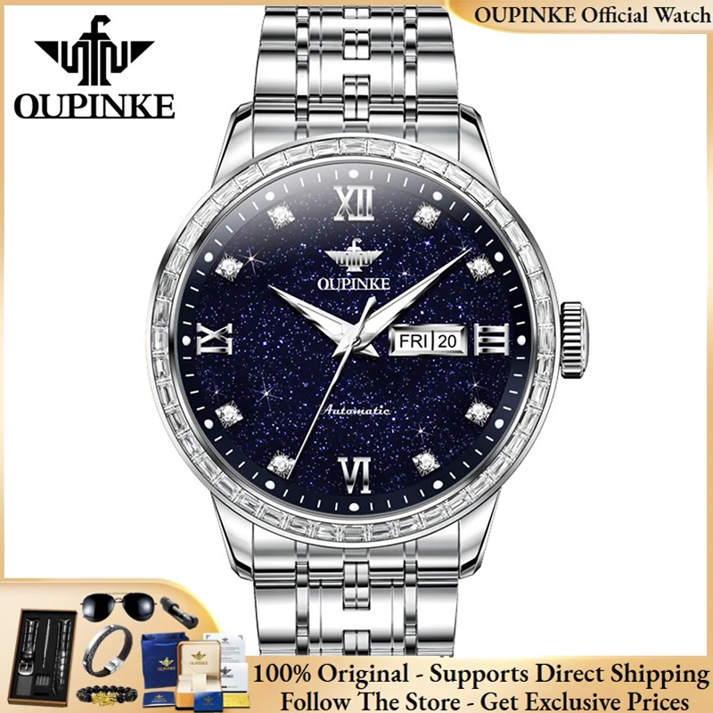 

OUPINKE 3258 Brand original authentic watches for man luxury Gift Box Mechanical men's watch with steel strap diamond case