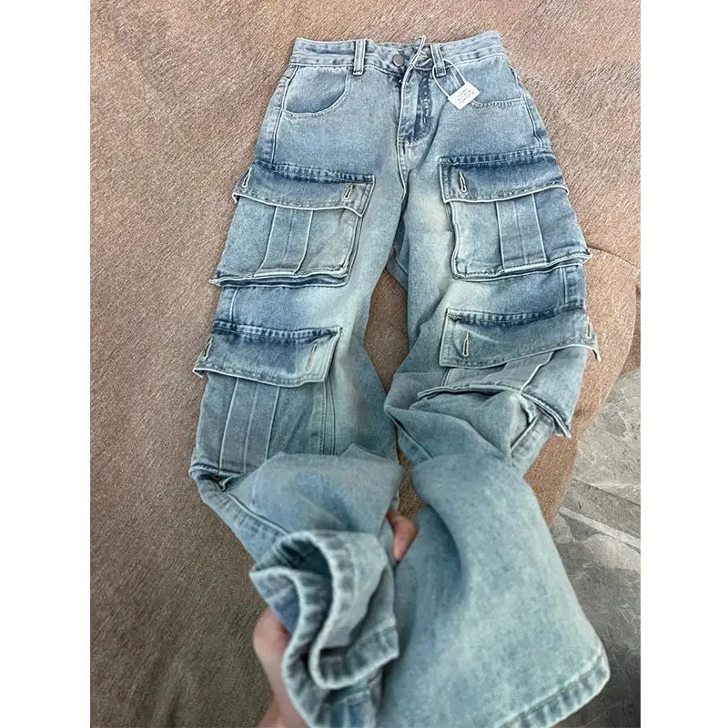 

American high street jeans women's autumn 2024 new loose high waist and multi-pocket leisure straight wide-leg mop pants