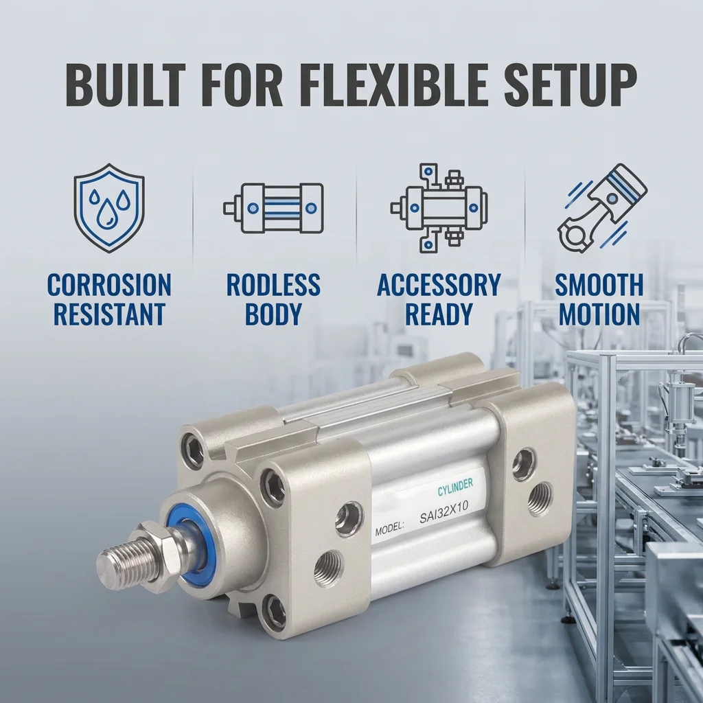 SAI Series SAI32X200 SAI100X75S Pneumatic Cylinder Double Acting Air Cylinder Aluminum Alloy Profile with Sensor Groove