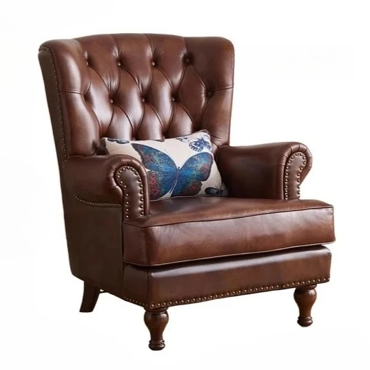 

American retro first-layer cowhide armchair leather single sofa living room bedroom furniture recliner leisure tiger chair
