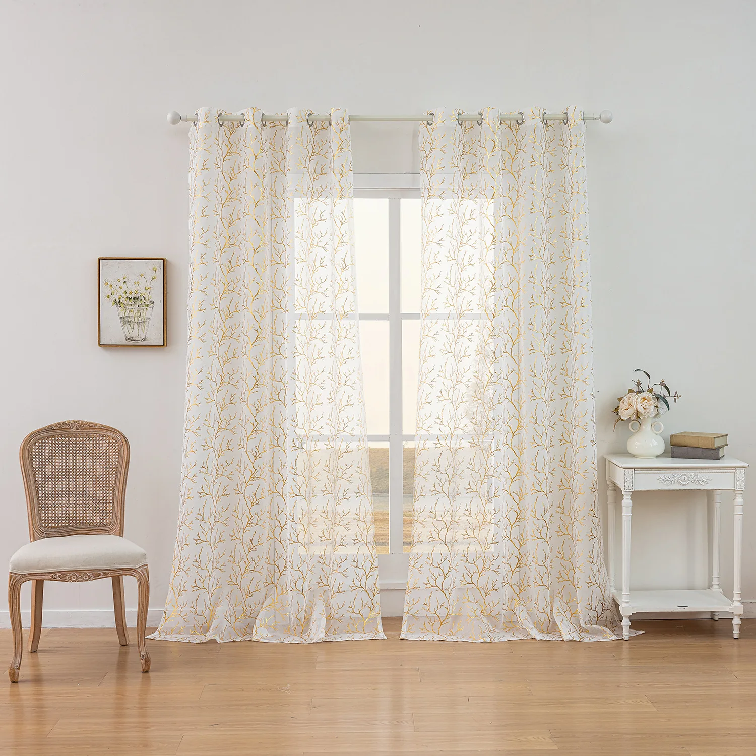 Branch Modern Simple Hot Stamping Silver Hollow Custom Size Curtains for Living Dining Room Bedroom Luxury Sheer Jacquard