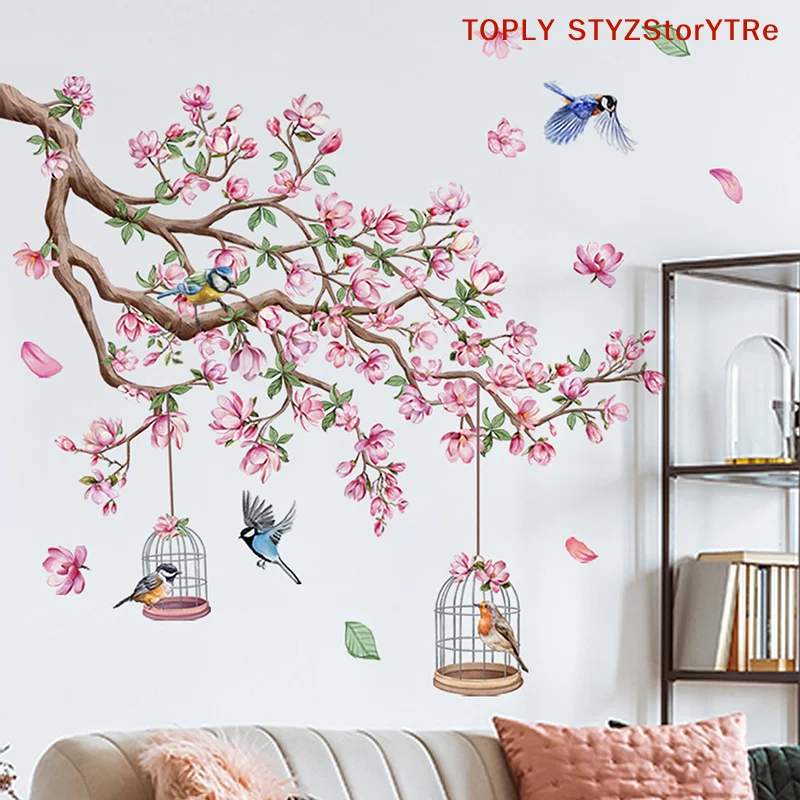 Pink Peach Blossom Bird Wall Stickers PVC Self-adhesive Bedroom Living Room Art Deco Decal Wallpaper DIY Home Decoration