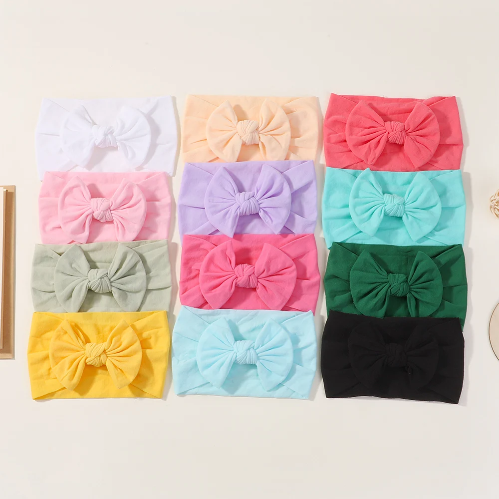 

12Pcs/Set Solid Color Baby Headbands Soft Nylon Bowknot Casual Hair Accessories 3.5inch Bowties Protect Headdress for Kids