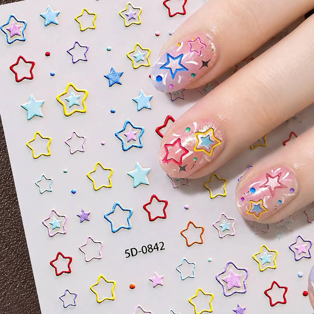 1Pc 5D Embossed Y2K Mini Star Nail Stickers Multicolor Hollow Five-pointed Star DIY Gel Press On Nail Charm Kit