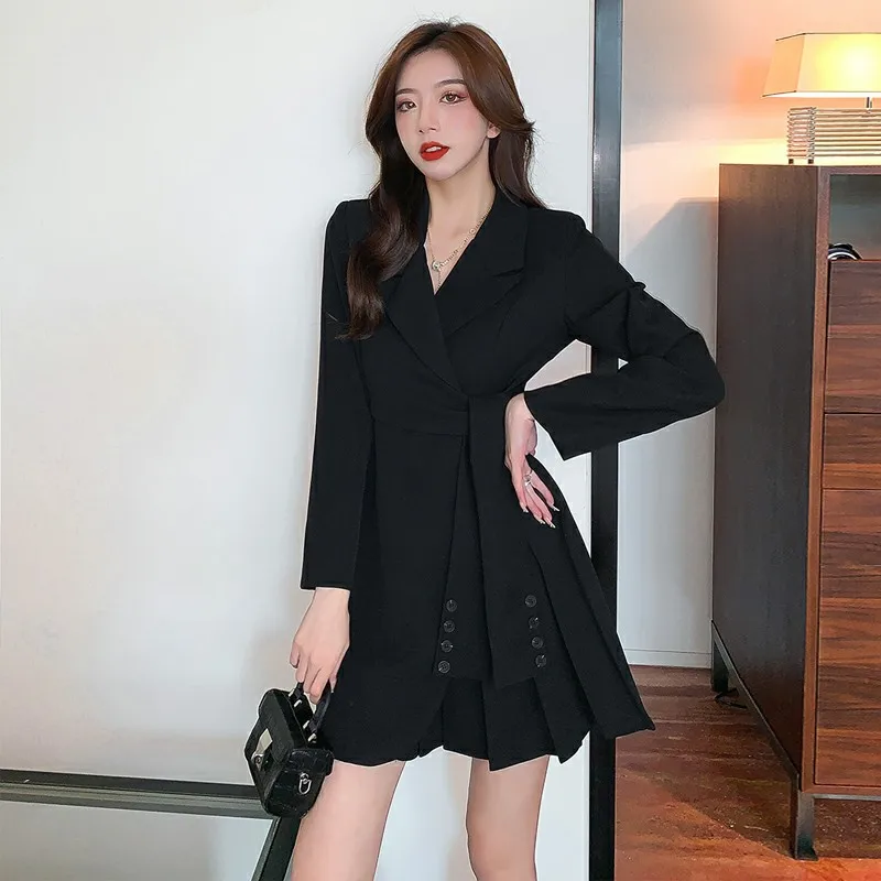 2023 Autumn/Winter Women Blazers Korean Fashion Suit Dress Pleated and Strap Wrapped Waist Dress Chic Suit Coats Women Clothing