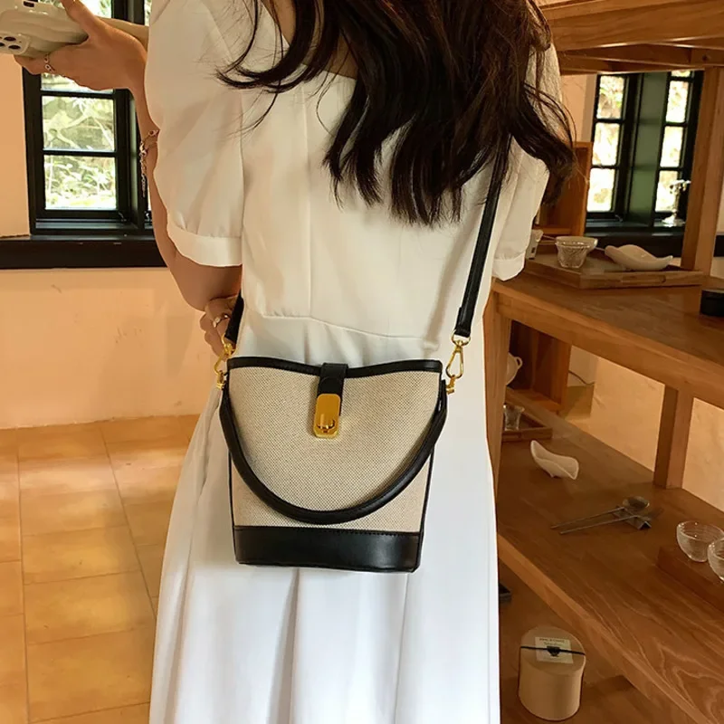 Fashion Design Women's Bag Bucket Handbag Retro Ladies Shoulder Bag Crossbody Canvas Leather Light Luxury Small Bags for Women