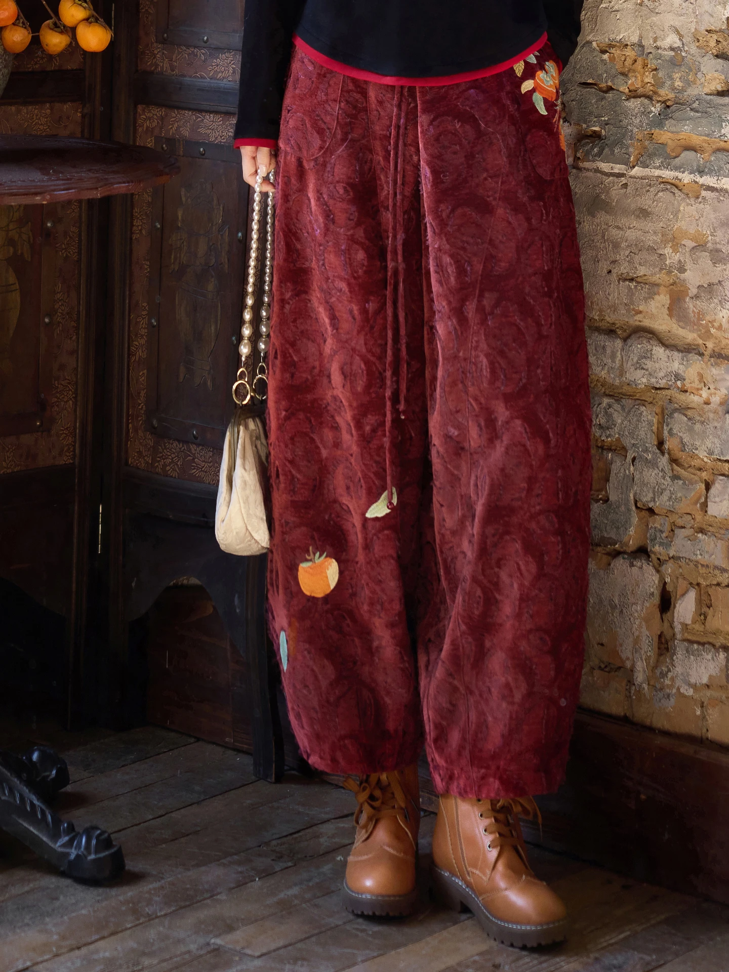 

New Chinese Sle Embroidered Wide Leg Pants Women's l Waist Gossamer Fiber Nine Points Spring Faion Casual Trousers