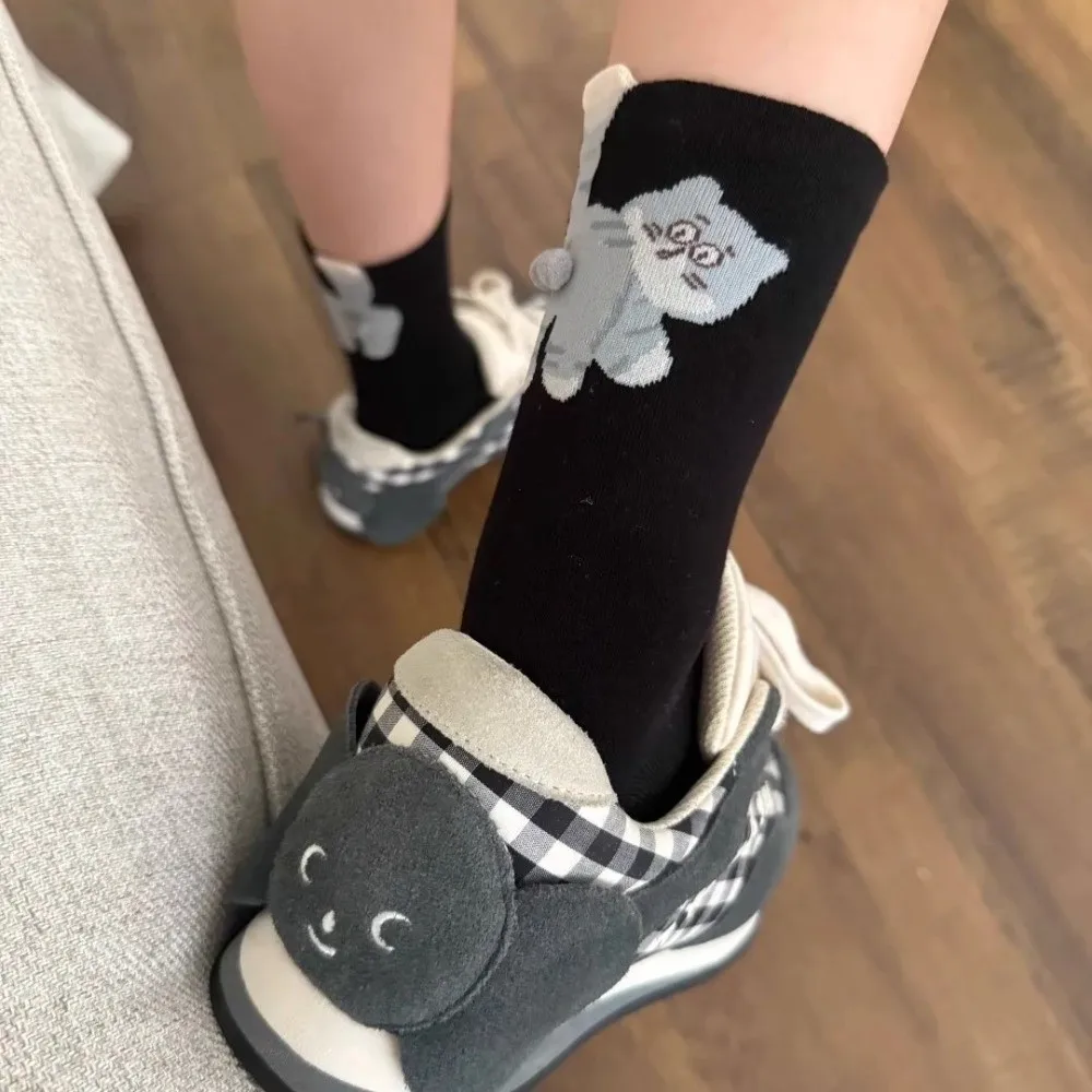 

5 Pairs Cute Soft Cartoon Cat Socks Fun Design Breathable 3D Cat Eggs Socks Elastic Comfortable Mid-Calf Socks Sports